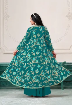 Embroidered Georgette Crop Top Set in Turquoise