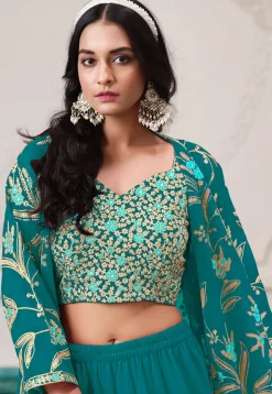 Embroidered Georgette Crop Top Set in Turquoise