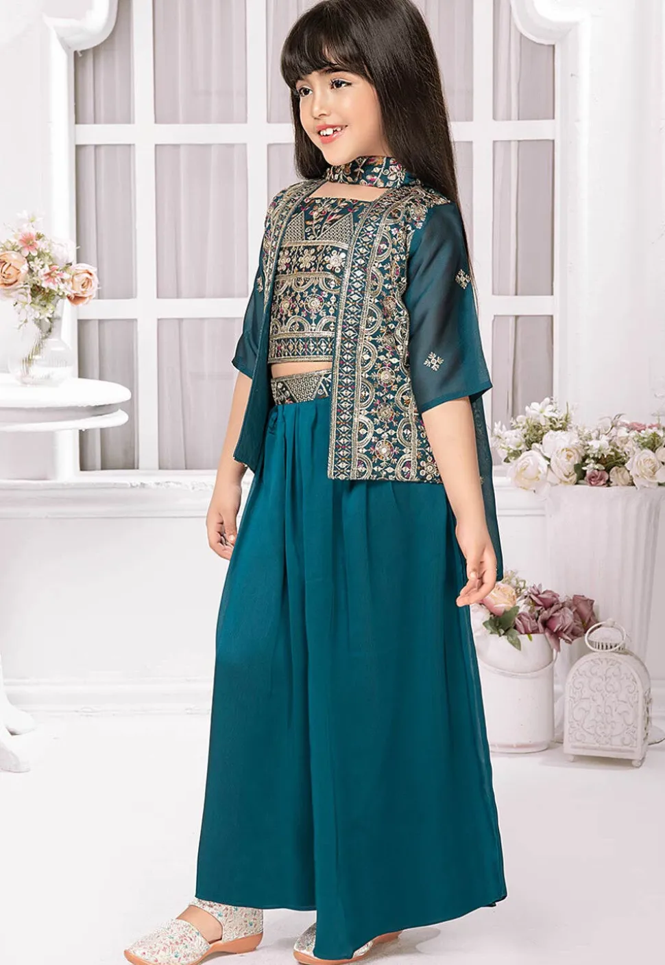 Embroidered Georgette Crop Top Set in Teal Blue