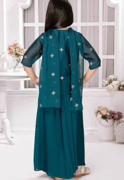 Embroidered Georgette Crop Top Set in Teal Blue