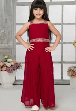 Embroidered Georgette Crop Top Set with Jacket in Red