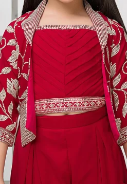Embroidered Georgette Crop Top Set with Jacket in Red