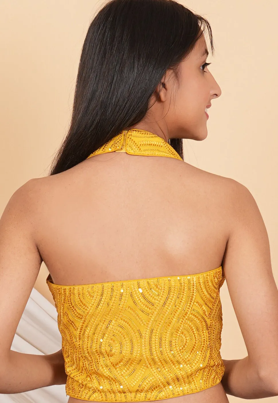 Embroidered Georgette Crop Top in Mustard