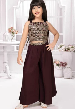 Embroidered Georgette Crop Top Set in Wine