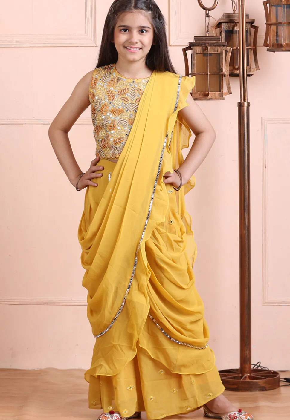 Embroidered Georgette Crop Top Set in Mustard