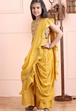 Embroidered Georgette Crop Top Set in Mustard