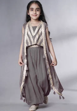 Embroidered Georgette Crop Top Set in Grey