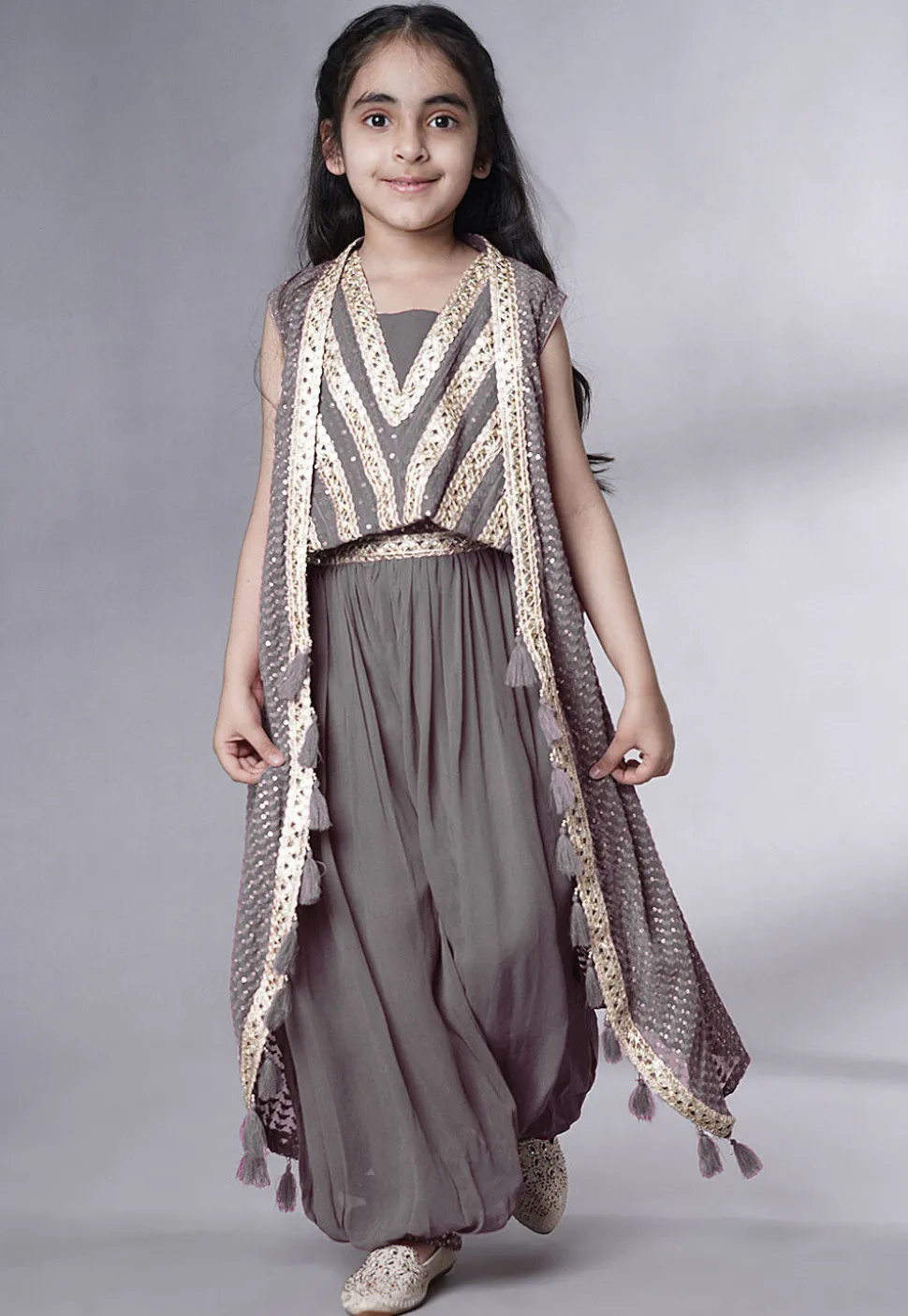 Embroidered Georgette Crop Top Set in Grey