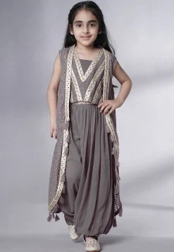 Embroidered Georgette Crop Top Set in Grey