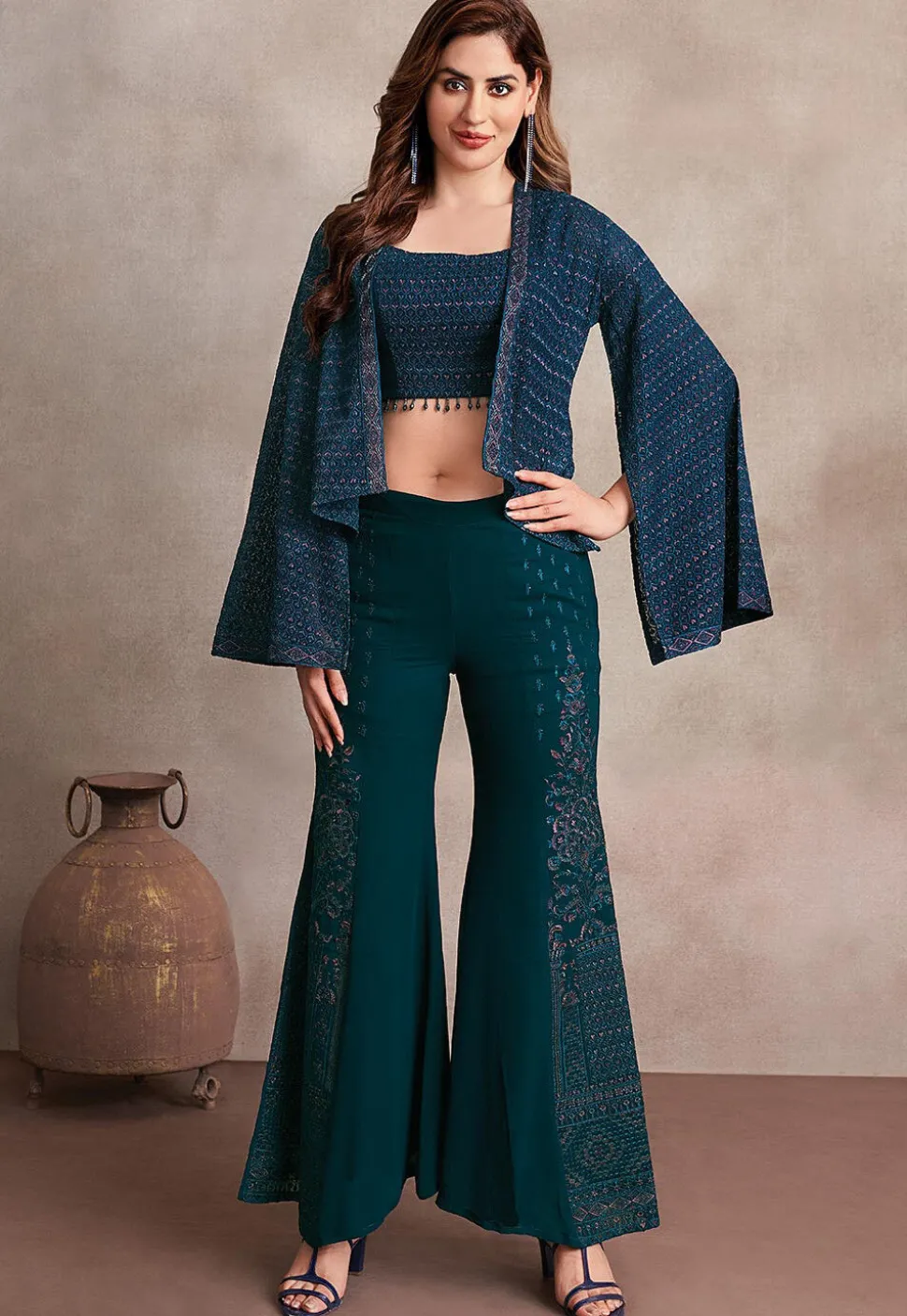 Embroidered Georgette Crop Top Set in Teal Blue