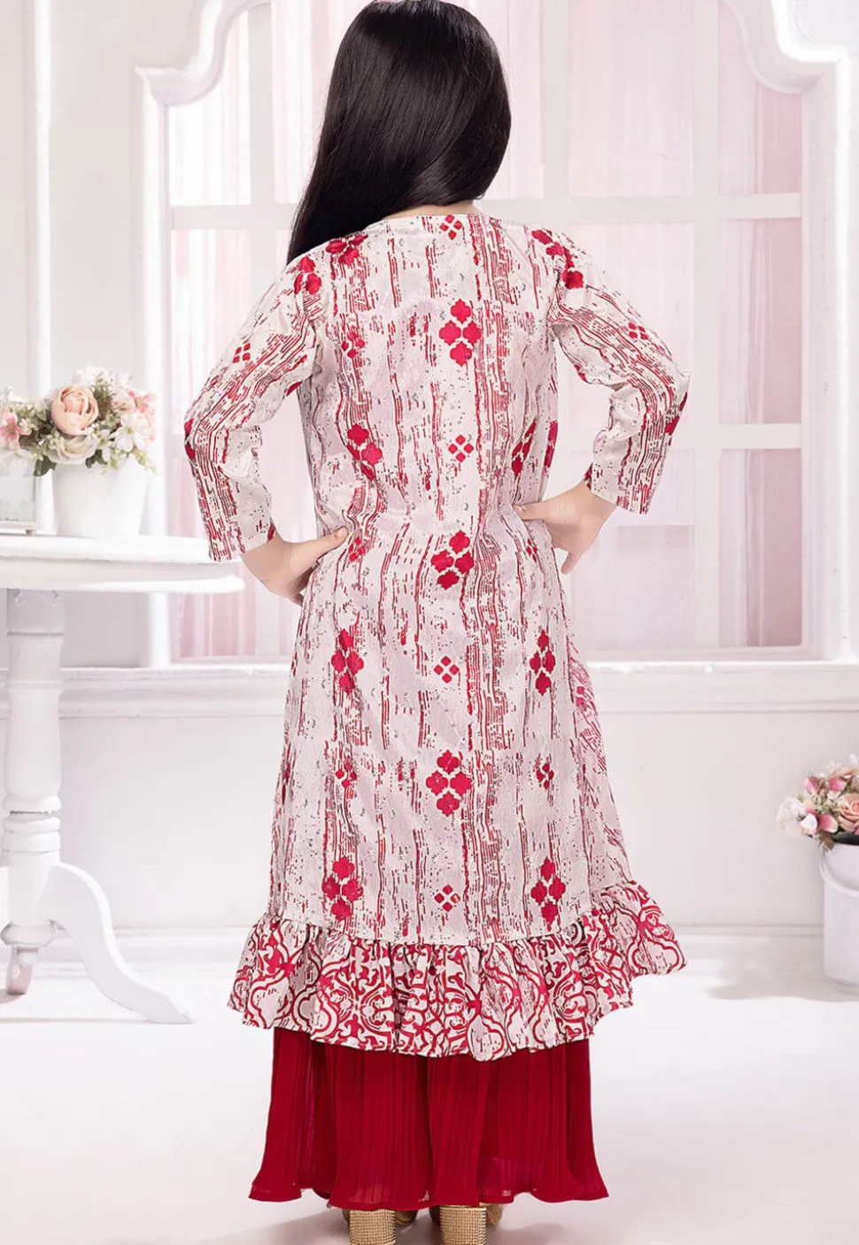 Embroidered Georgette Crop Top Set in Fuchsia