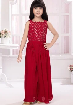 Embroidered Georgette Crop Top Set in Fuchsia