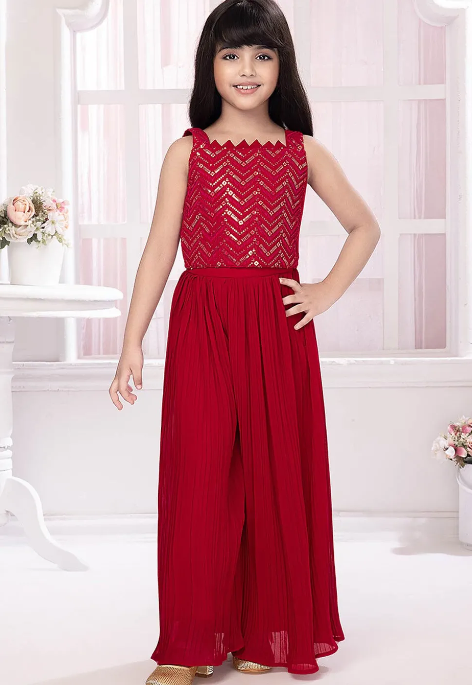 Embroidered Georgette Crop Top Set in Fuchsia