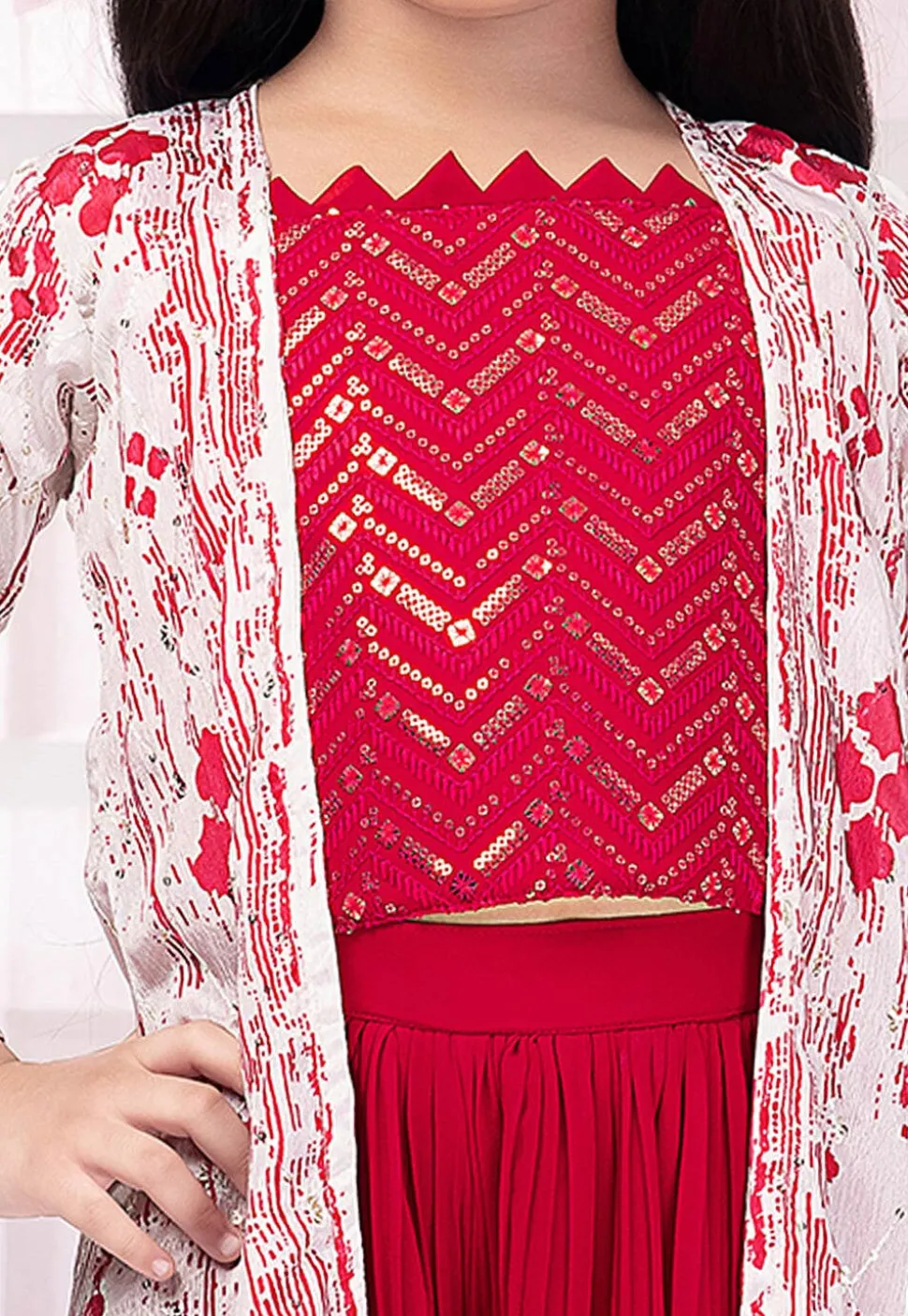 Embroidered Georgette Crop Top Set in Fuchsia