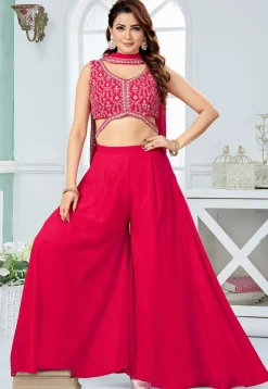 Embroidered Georgette Crop Top Set in Fuchsia