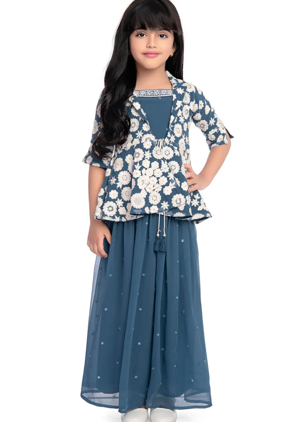 Embroidered Georgette Crop Top Set in Blue