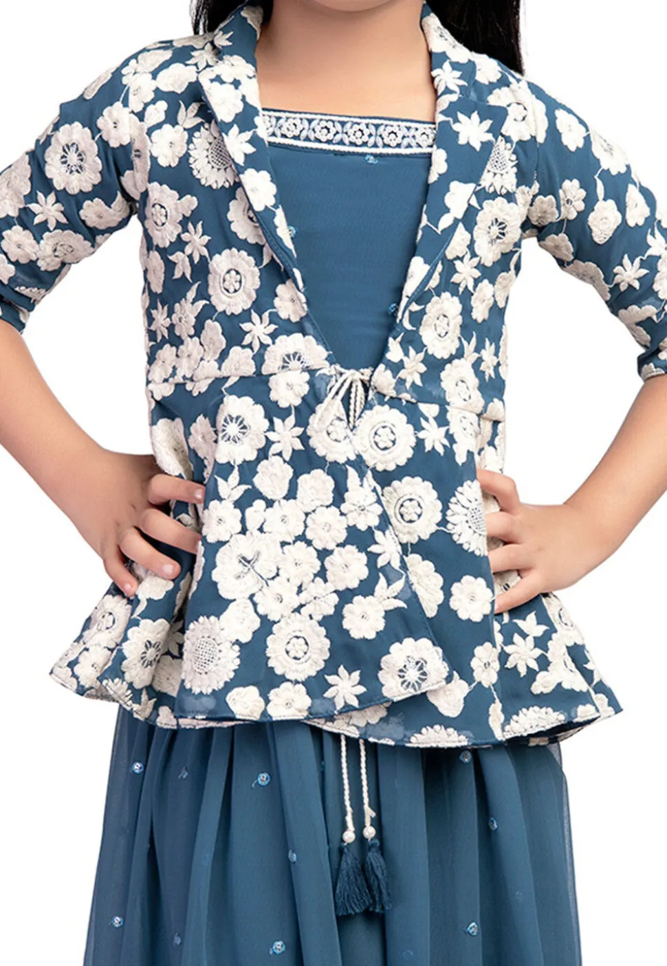Embroidered Georgette Crop Top Set in Blue