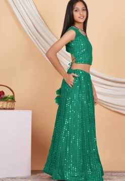 Embroidered Georgette Crop Top Set in Teal Green