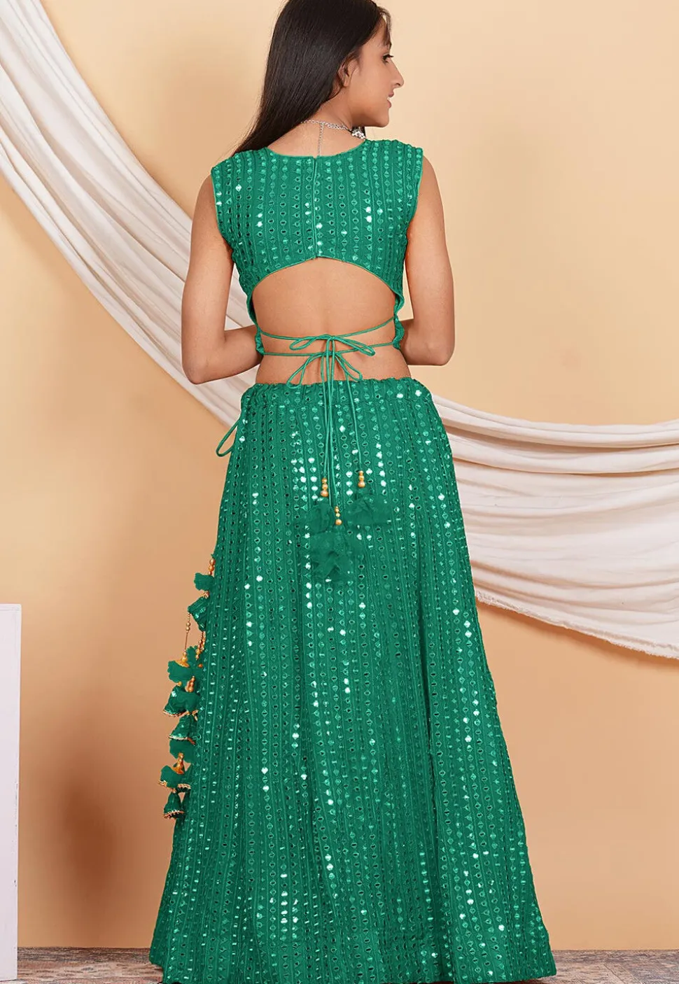 Embroidered Georgette Crop Top Set in Teal Green