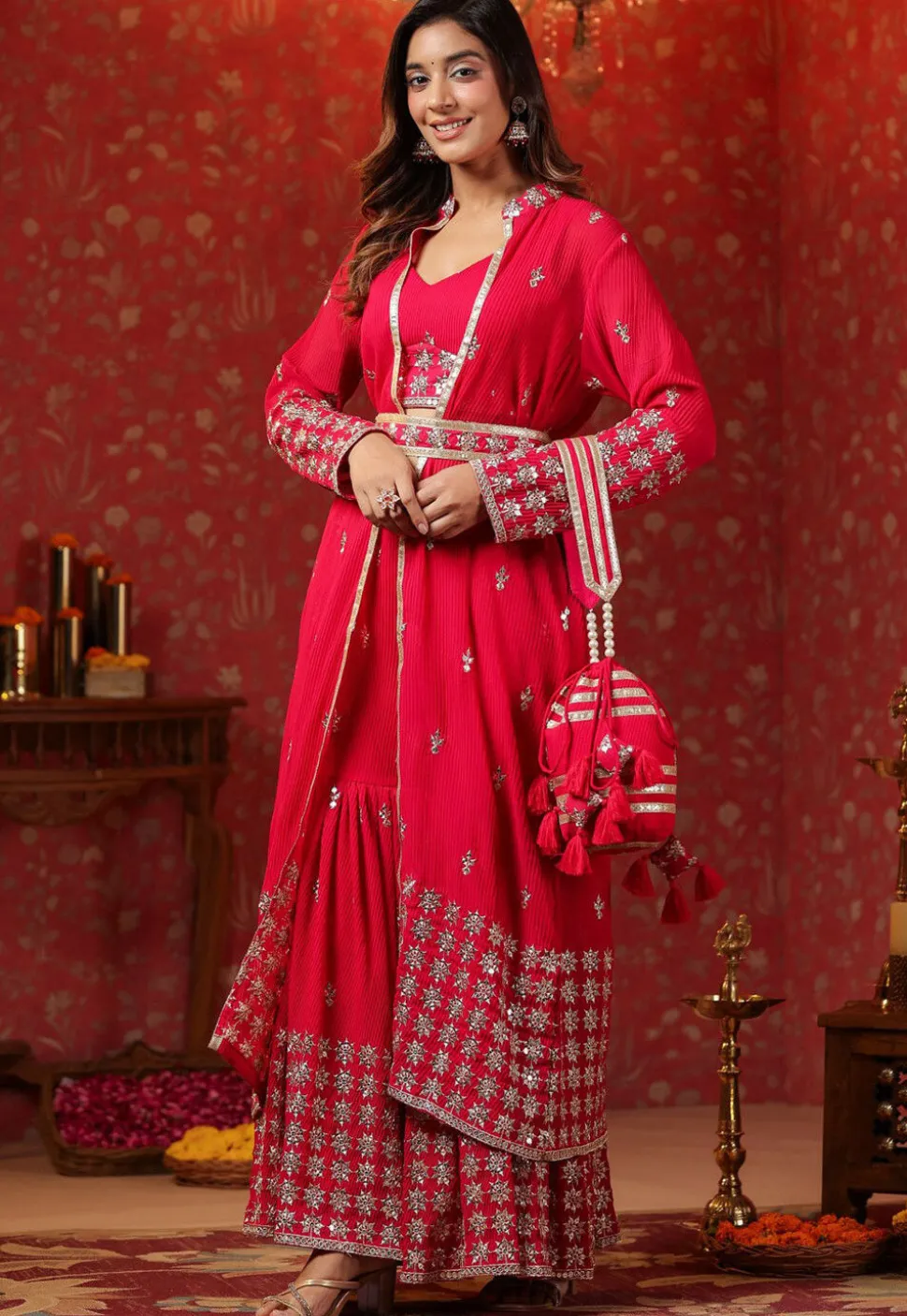 Embroidered Georgette Crushed Crop Top Set in Fuchsia