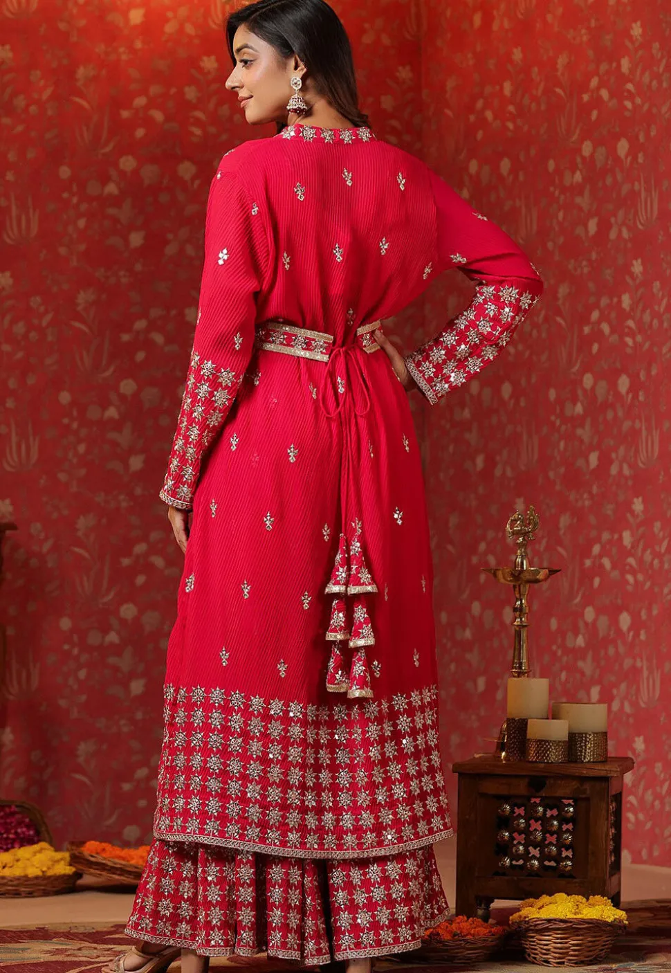 Embroidered Georgette Crushed Crop Top Set in Fuchsia