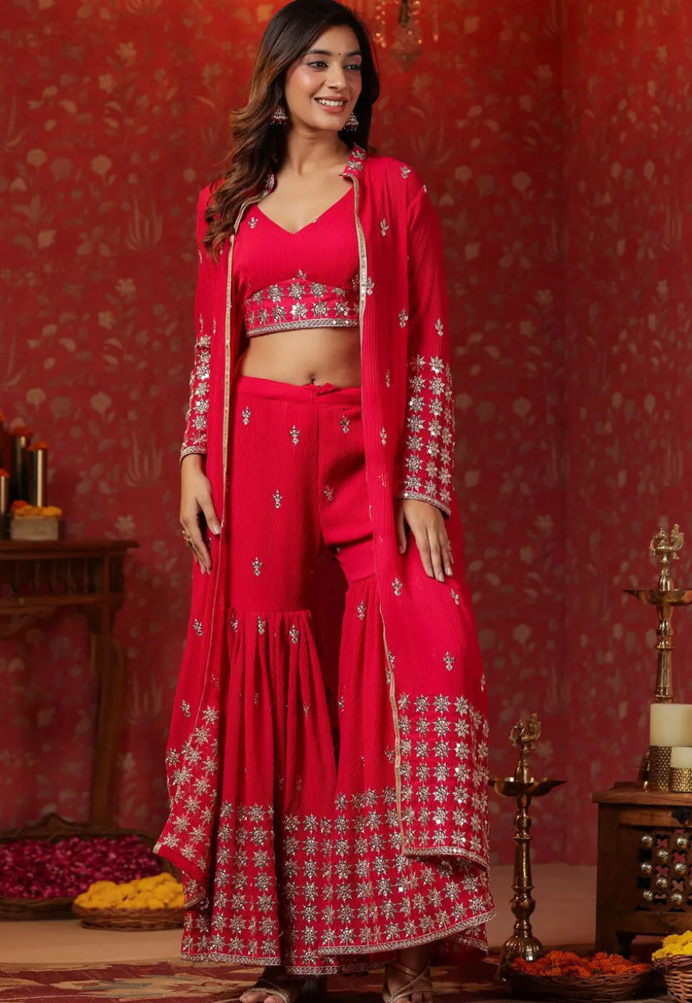 Embroidered Georgette Crushed Crop Top Set in Fuchsia