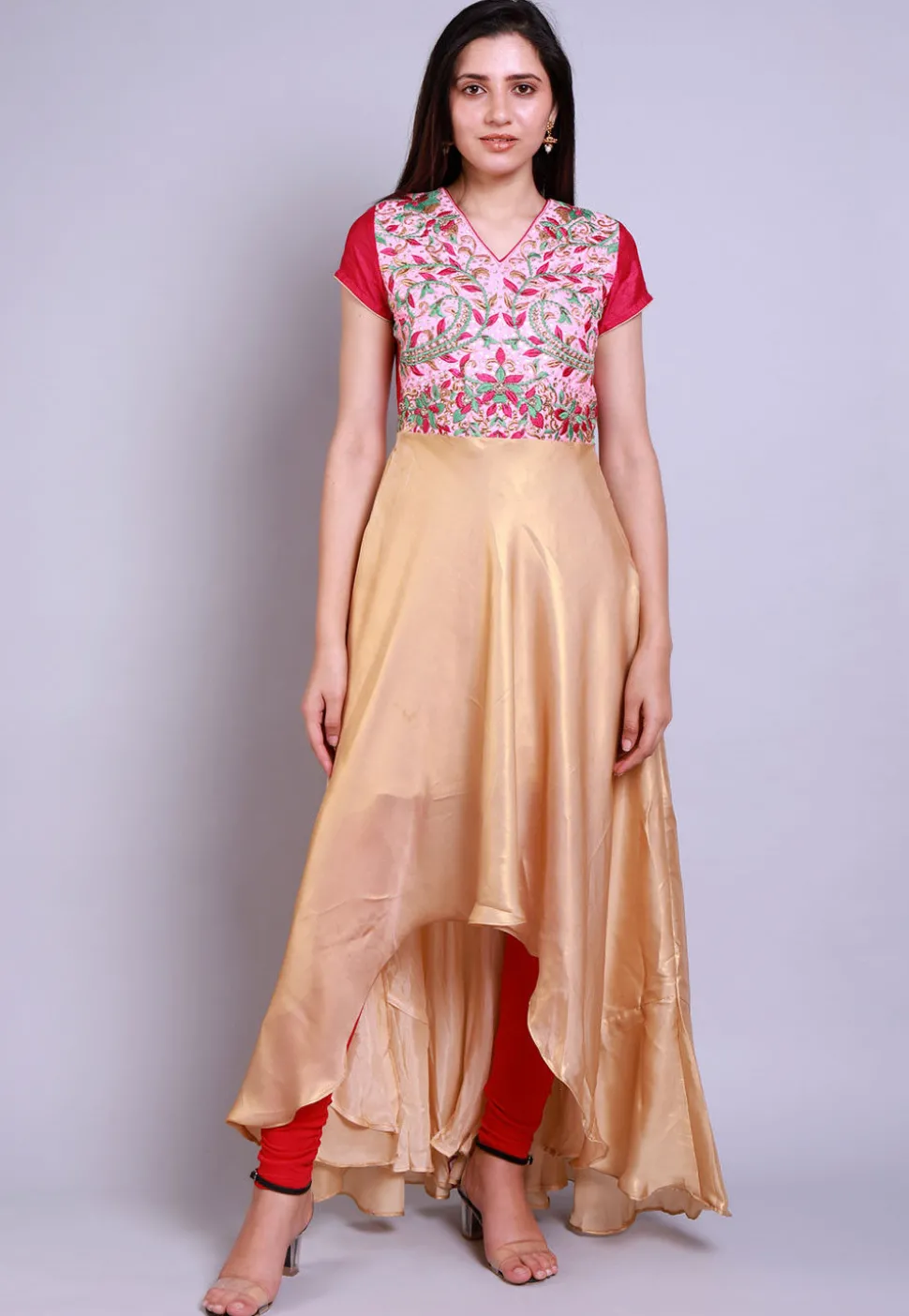 Embroidered Georgette Deep Back Kurta in Golden and Pink