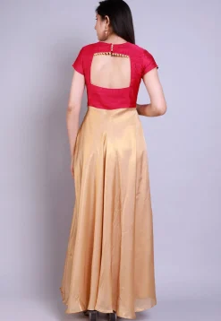 Embroidered Georgette Deep Back Kurta in Golden and Pink