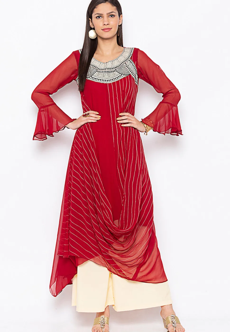 Embroidered Georgette Dress in Maroon