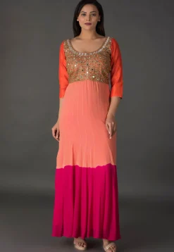 Embroidered Georgette Dress in Shaded Peach and Pink