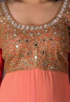 Embroidered Georgette Dress in Shaded Peach and Pink