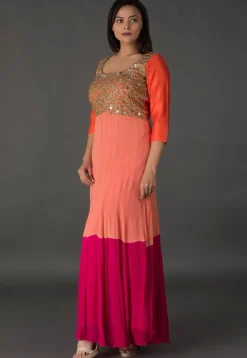 Embroidered Georgette Dress in Shaded Peach and Pink