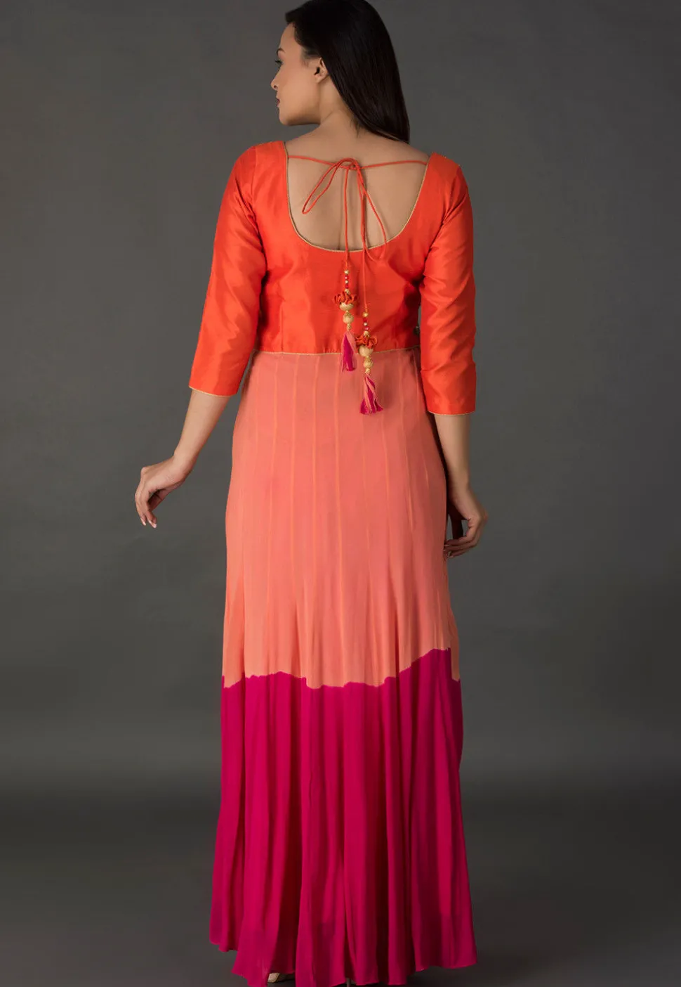 Embroidered Georgette Dress in Shaded Peach and Pink