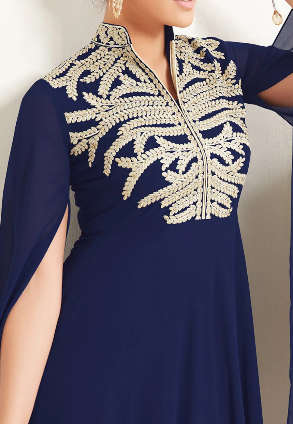 Embroidered Georgette Flared Kurta in Navy Blue