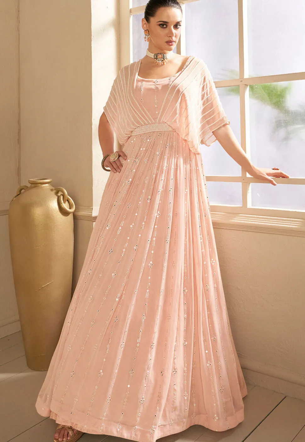 Embroidered Georgette Flared Gown in Peach