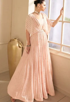 Embroidered Georgette Flared Gown in Peach