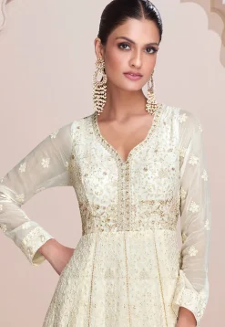 Embroidered Georgette Flared Gown in Off White