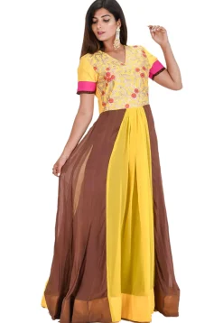 Embroidered Georgette Flared Kurta in Yellow and Brown