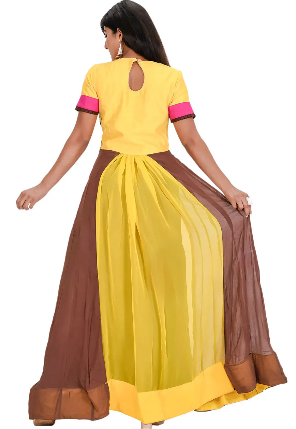 Embroidered Georgette Flared Kurta in Yellow and Brown