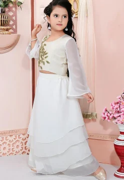 Embroidered Georgette Flounced Lehenga in Off White