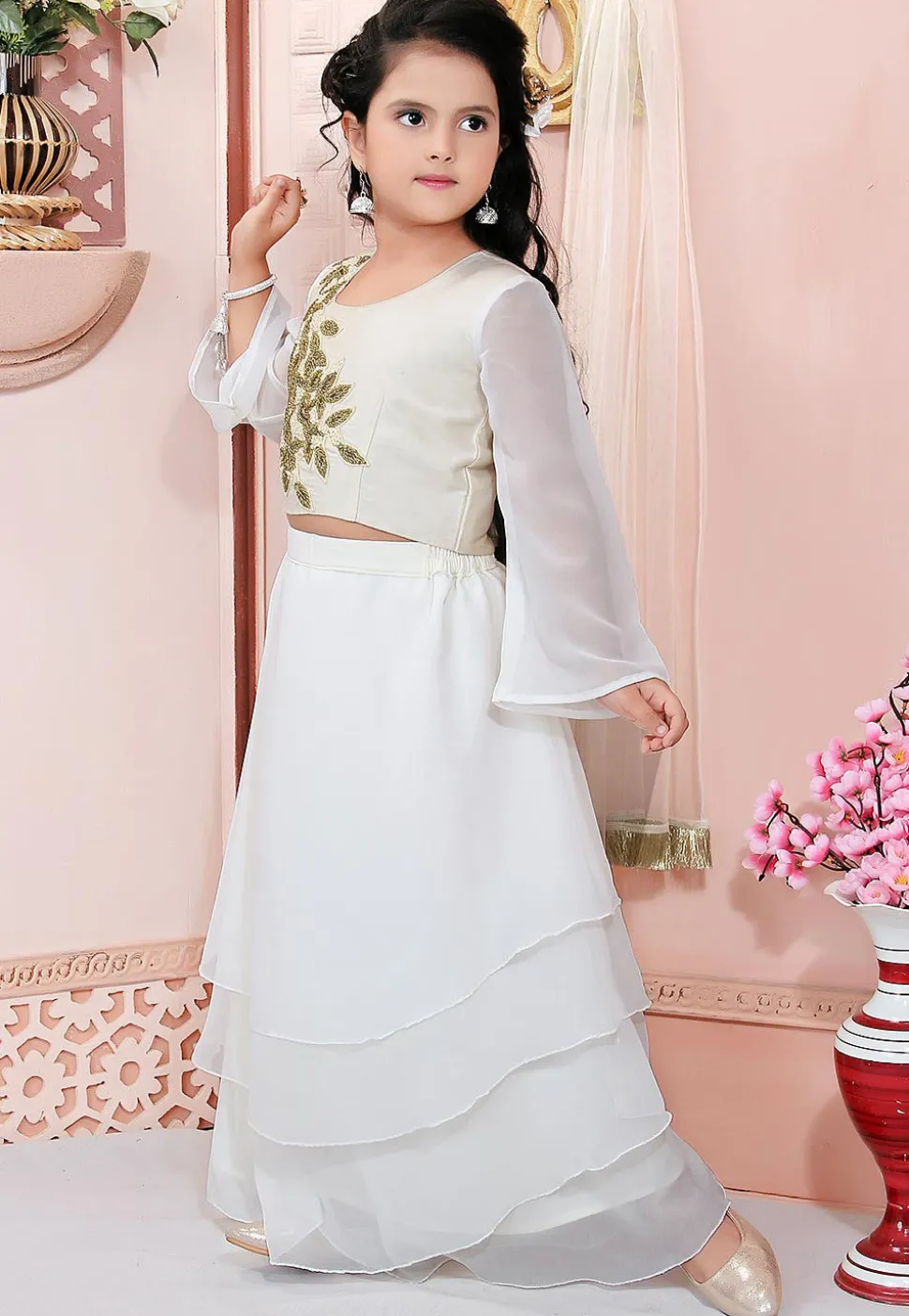 Embroidered Georgette Flounced Lehenga in Off White