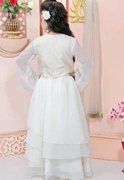 Embroidered Georgette Flounced Lehenga in Off White