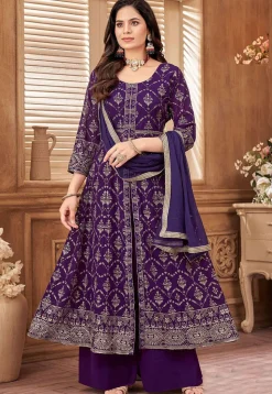 Embroidered Georgette Front Slit Anarkali Suit in Purple