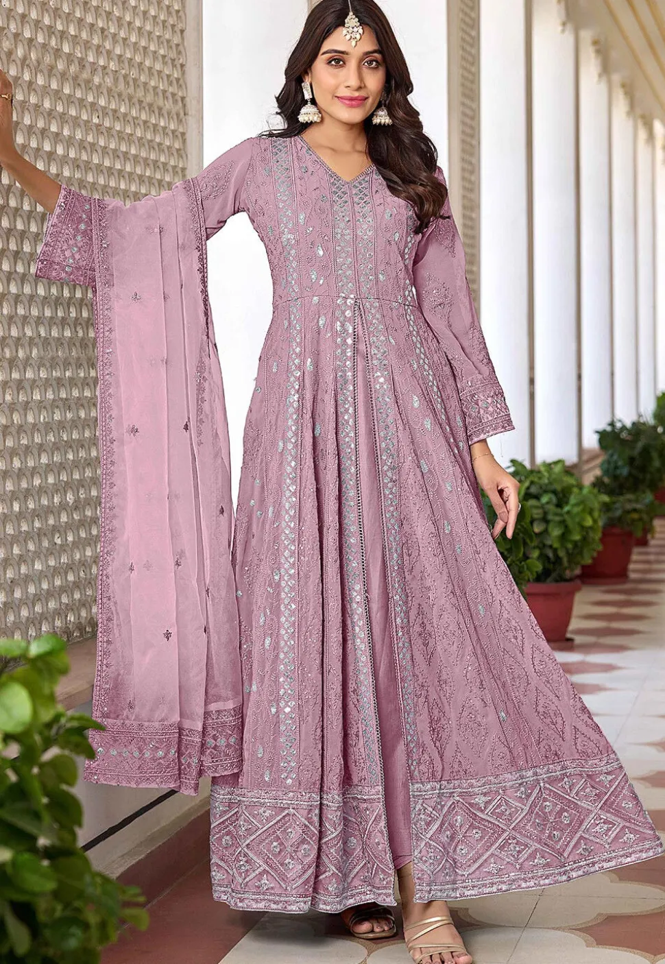 Embroidered Georgette Front Slit Abaya Style Suit in Light Purple