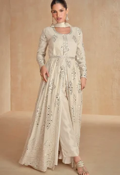 Embroidered Georgette Front Open Abaya Style Suit in Off White