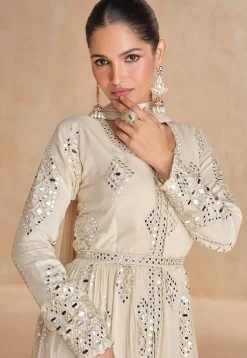 Embroidered Georgette Front Open Abaya Style Suit in Off White