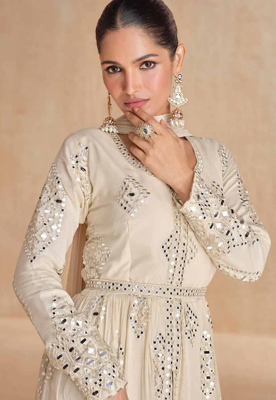 Embroidered Georgette Front Open Abaya Style Suit in Off White