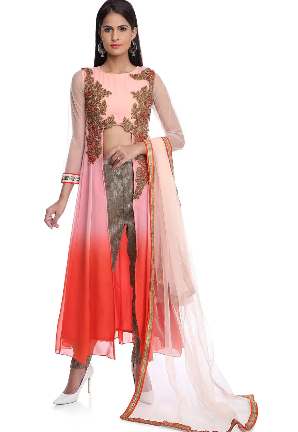 Embroidered Georgette Front Open A Line Suit in Peach Ombre