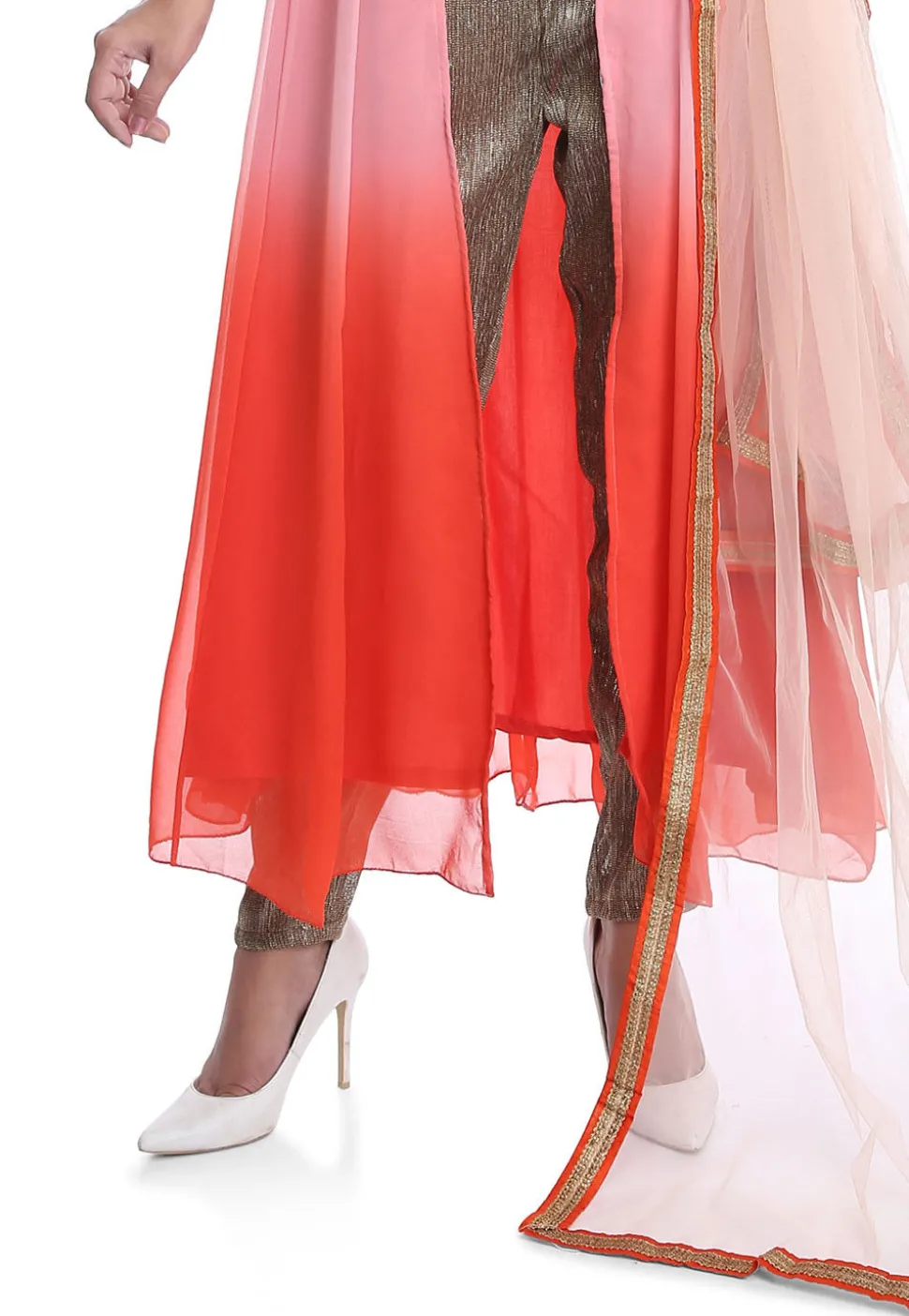 Embroidered Georgette Front Open A Line Suit in Peach Ombre
