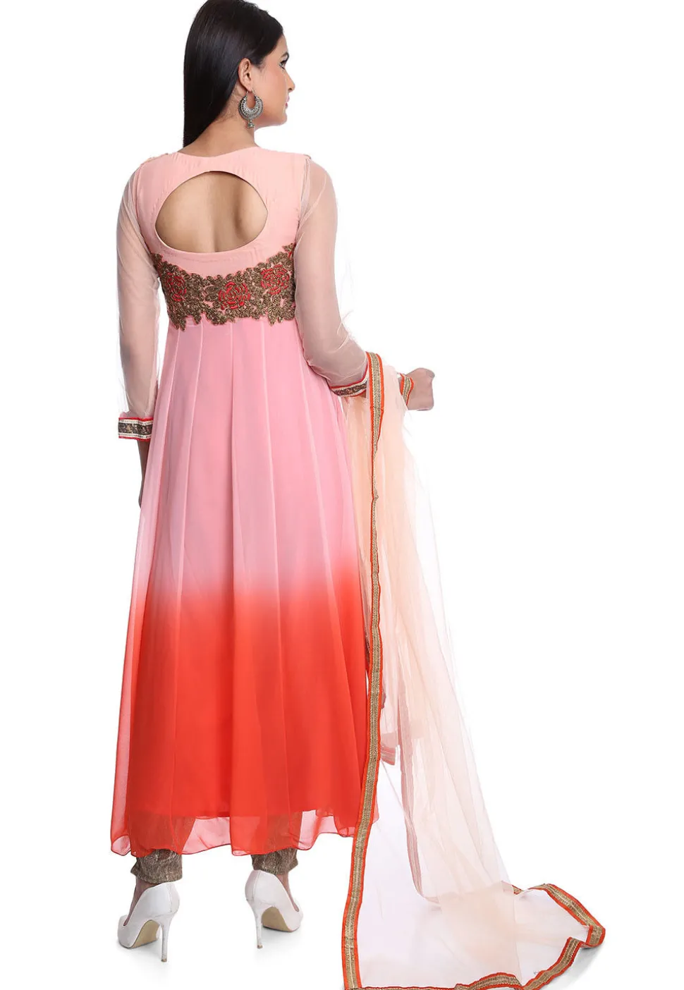 Embroidered Georgette Front Open A Line Suit in Peach Ombre